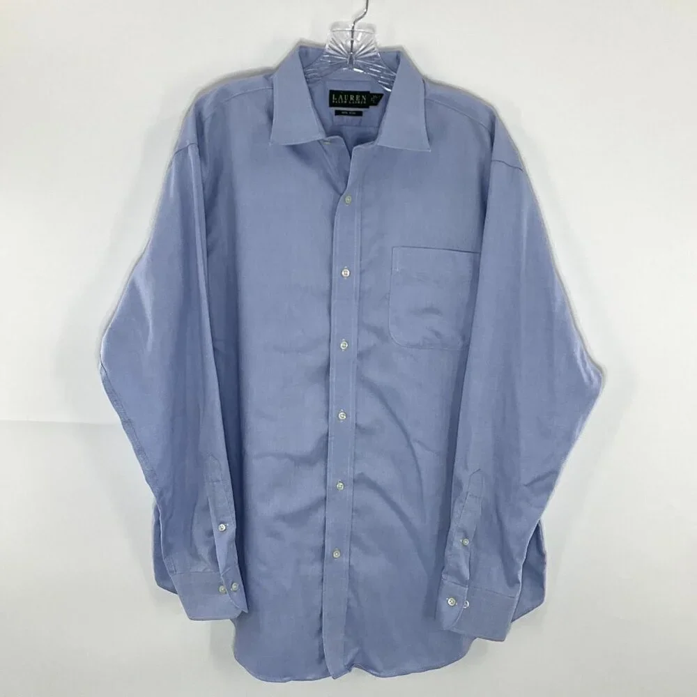 Polo Ralph Lauren Shirt Men 17 Blue 100% Cotton Long‎ Sleeve Button Non Iron